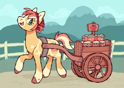 Size: 1338x949 | Tagged: safe, artist:beyhr, derpibooru import, oc, oc:pink lady (beyhr), unofficial characters only, earth pony, pony, :3, alternate universe, apple family member, apple jam, bandana, blaze (coat marking), blue sky, bonnet, brown hooves, cart, cloud, coat markings, colored belly, colored hooves, colored pinnae, detailed background, earth pony oc, eyelashes, facial markings, female, female oc, food, green eyes, heart, heart mark, hooves, image, jam, looking back, mare, mare oc, mealy mouth (coat marking), mountain, mountain range, open mouth, open smile, outdoors, pale muzzle, png, profile, raised hoof, raised leg, shadow, short mane, short tail, smiling, socks (coat marking), tail, two toned mane, two toned tail, wagon, walking, yellow coat