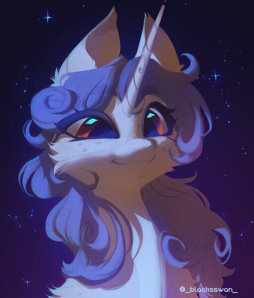 Size: 1746x2048 | Tagged: oc name needed, safe, artist:blcksswn, derpibooru import, oc, unofficial characters only, pony, unicorn, big ears, big eyes, blue eyelashes, blue mane, bust, cheek fluff, colored eyelashes, commission, constellation, detailed, digital painting, ear fluff, eye clipping through hair, fluffy, freckles, horn, image, jpeg, lineless, long horn, long mane, orange eyes, portrait, shiny eyes, shoulder fluff, signature, smiling, solo, starry background, stars, unicorn horn, unicorn oc, white coat