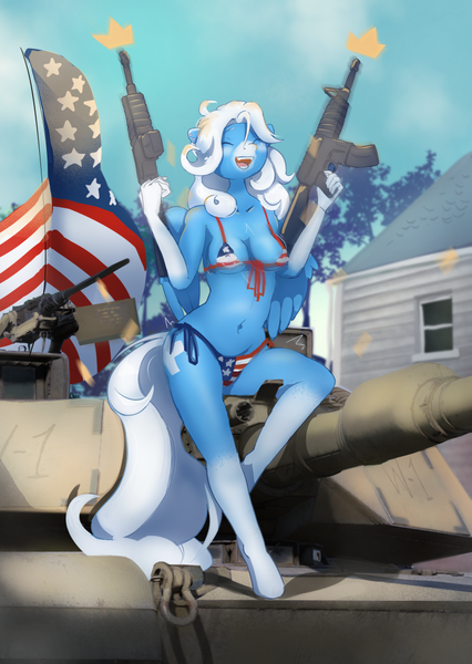 Size: 761x1071 | Tagged: questionable, artist:drafthoof, derpibooru import, tank, oc, unofficial characters only, anthro, american flag, bikini, clothes, flag, gun, image, png, swimsuit, weapon