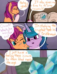 Size: 2048x2650 | Tagged: safe, artist:sunny-and-sparkle, derpibooru import, izzy moonbow, sunny starscout, earth pony, pony, unicorn, comic:finding the spark, g5, book, cheek to cheek, comic, crystal, dialogue, duo, duo female, female, horn, image, jpeg, mare, personal space invasion