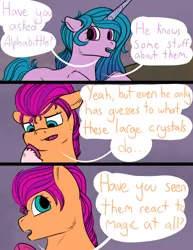 Size: 2048x2650 | Tagged: safe, artist:sunny-and-sparkle, derpibooru import, izzy moonbow, sunny starscout, earth pony, pony, unicorn, comic:finding the spark, g5, comic, dialogue, duo, duo female, female, horn, image, implied alphabittle blossomforth, jpeg, mare