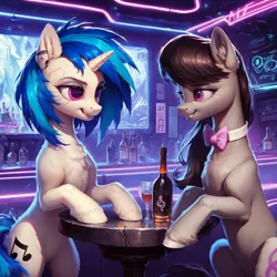 Size: 1216x1216 | Tagged: safe, ai content, derpibooru import, machine learning generated, prompter:star-dragon, stable diffusion, octavia melody, vinyl scratch, pony, unicorn, g4, alcohol, bar, bow, cyberpunk, drink, duo, female, generator:pony diffusion v6 xl, horn, image, implied shipping, neon, octavia's bowtie, png