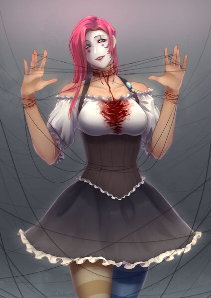 Size: 1280x1811 | Tagged: semi-grimdark, artist:jadekettu, derpibooru import, pinkie pie, human, blood, clothes, clown, clown makeup, dress, eyeshadow, face paint, female, grin, humanized, image, jpeg, lip bite, lipstick, makeup, mismatched socks, piano wire, pinkamena diane pie, smiling, socks, solo, stockings, striped socks, thigh highs, wires