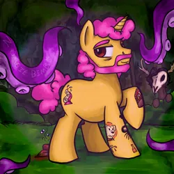 Size: 1280x1280 | Tagged: semi-grimdark, artist:zombiebimbo, derpibooru import, oc, ponified, unofficial characters only, fly, insect, pony, unicorn, bush, facial hair, forest, goatee, horn, image, jpeg, meatcanyon, nature, poop, solo, tattoo, tentacles, tree, wendigo pony