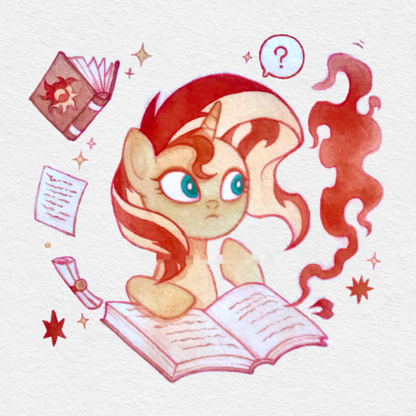 Size: 3130x3130 | Tagged: safe, artist:miss-aciturn, derpibooru import, sunset shimmer, pony, unicorn, g4, book, color key, confused, female, fire, horn, image, looking at something, magic, mare, open book, paper, png, question mark, scroll, solo, sparkles, speech bubble, sunset's journal, yellow coat