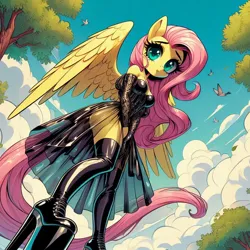 Size: 1024x1024 | Tagged: suggestive, ai content, derpibooru import, machine learning generated, prompter:glimmy-glam, fluttershy, anthro, bird, g4, boots, breasts, clothes, cloud, female, generator:dall-e 3, high heel boots, high heels, image, jpeg, latex, latex stockings, looking at you, off shoulder, platform heels, see-through, see-through skirt, shoes, skirt, socks, solo, solo female, stockings, thigh highs, tree