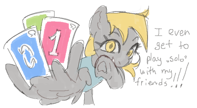 Size: 656x360 | Tagged: safe, artist:azaani, derpibooru import, derpy hooves, pegasus, pony, g4, dialogue, female, image, mare, playing card, png, simple background, solo, talking to viewer, underhoof, uno, white background, wing hands, wing hold, wings