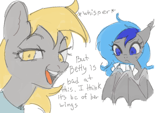 Size: 631x441 | Tagged: safe, artist:azaani, derpibooru import, derpy hooves, oc, oc:betty, bat pony, pegasus, pony, g4, bat pony oc, bat wings, card game, dialogue, duo, duo female, female, image, lidded eyes, mare, open mouth, open smile, playing card, png, smiling, talking to viewer, wing hold, wings