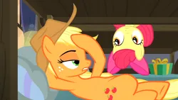 Size: 4096x2304 | Tagged: safe, derpibooru import, applejack, earth pony, pony, g4, hearthbreakers, bow, bunk bed, chest, closed mouth, defined chest, duo, duo female, female, filly, hair bow, hat, hoof on head, image, lidded eyes, looking at each other, looking at someone, lying down, mare, pillow, png, present, resting, upside down, wood