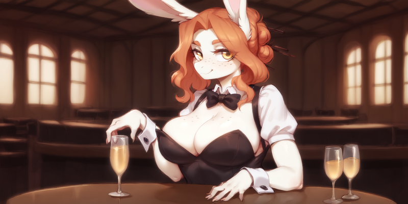 Size: 2400x1200 | Tagged: suggestive, ai content, derpibooru import, machine learning generated, prompter:greesys, oc, oc:victoria orlova, unofficial characters only, anthro, earth pony, pony, bunny ears, bunny suit, clothes, image, looking at you, orange hair, png, solo, yellow eyes