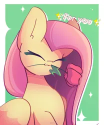 Size: 2000x2400 | Tagged: safe, artist:miryelis, derpibooru import, fluttershy, pegasus, pony, big ears, cute, flower, flower in mouth, image, long hair, mouth hold, png, rose, rose in mouth, simple background, smiling, solo, text