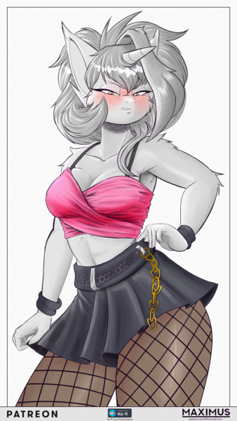 Size: 2160x3840 | Tagged: safe, artist:maximus, derpibooru import, oc, oc:sunlight stellaris, anthro, unicorn, blushing, breasts, cleavage, clothes, ear fluff, elbow fluff, female, fishnet clothing, fishnet pantyhose, fishnets, high res, horn, image, looking down, midriff, miniskirt, png, shoulder fluff, skirt, socks, solo, stockings, tanktop, thigh highs, three quarter view, unicorn oc, wristband