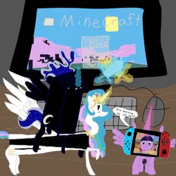 Size: 2500x2500 | Tagged: safe, artist:wisdomvision f., derpibooru import, princess celestia, princess luna, twilight sparkle, alicorn, g4, bad art series, gamer, i'm learning a lot here, image, minecraft, nintendo switch, pc master race, playstation, png, xbox