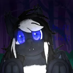 Size: 1000x1000 | Tagged: safe, artist:deadsmoke, derpibooru import, oc, oc:arrie, bat pony, pony, breaking the fourth wall, cute, fangs, foal, forest, glow, glowing eyes, image, nature, png, tree