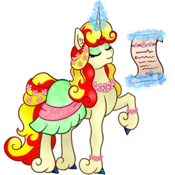 Size: 450x450 | Tagged: safe, artist:mesuyoru, derpibooru import, oc, oc:miss libussa, unofficial characters only, pony, unicorn, g4, 2024, ambassador, bracelet, clothes, czequestria, czequestria 202x, dress, ear fluff, eyes closed, eyeshadow, female, female oc, floral necklace, flower, flower bracelet, flower in hair, flower in tail, glow, glowing horn, green eyeshadow, horn, image, jewelry, levitation, magic, makeup, mare, png, raised hoof, scroll, simple background, solo, spring, tail, telekinesis, transparent background, unicorn oc