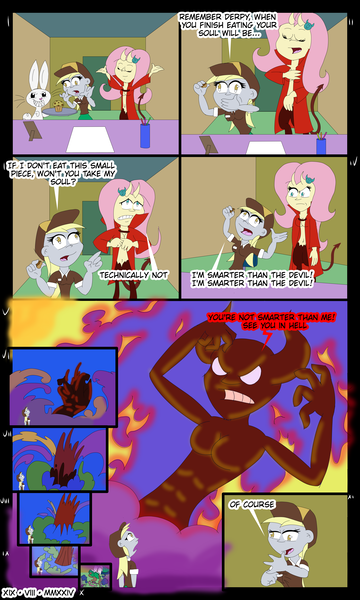 Size: 4134x6890 | Tagged: safe, artist:elovital, derpibooru import, angel bunny, derpy hooves, fluttershy, human, rabbit, equestria girls, g4, animal, devil, devil horns, fire, food, horns, image, muffin, png