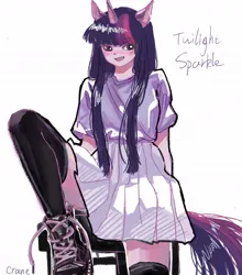 Size: 950x1080 | Tagged: safe, artist:qianjibahe, derpibooru import, twilight sparkle, human, blushing, chair, clothes, eared humanization, horn, horned humanization, humanized, image, jpeg, long socks, open mouth, shirt, shoes, simple background, sitting, skirt, smiling, solo, t-shirt, tail, tailed humanization, text, white background