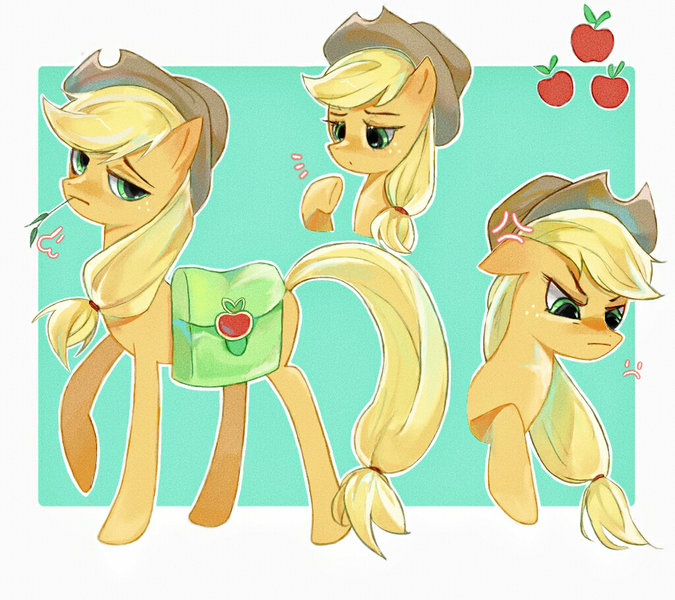 Size: 1024x910 | Tagged: safe, artist:xinjinjumin193918007138, derpibooru import, applejack, earth pony, pony, :c, bag, bust, cross-popping veins, emanata, female, frown, green background, image, mare, passepartout, png, portrait, raised hoof, saddle bag, simple background, solo, straw in mouth