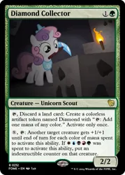 Size: 375x523 | Tagged: safe, artist:jan, derpibooru import, edit, sweetie belle, unicorn, don't mine at night, ccg, horn, image, jewelry, magic the gathering, minecraft, pickaxe, png, tiara, torch, trading card, trading card edit, trading card game