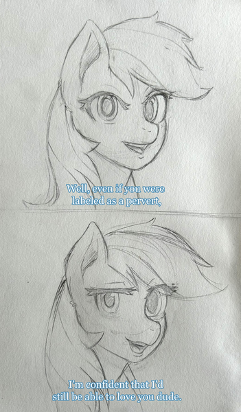 Size: 1046x1787 | Tagged: safe, artist:lillslim, derpibooru import, rainbow dash, pegasus, pony, g4, 2 panel comic, comic, dialogue, drawthread, female, flirting, image, pencil drawing, png, requested art, sketch, smiling, solo, subtitles, traditional art