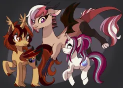 Size: 2873x2069 | Tagged: safe, artist:spookyle, derpibooru import, oc, oc:eris, oc:willow wisp, unofficial characters only, alicorn, bat pony, bat pony alicorn, draconequus, pony, unicorn, bat pony oc, bat wings, draconequus oc, horn, image, png, pumpkin patch, unicorn oc, wings