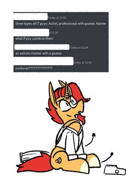 Size: 473x654 | Tagged: safe, artist:cammy, derpibooru import, sunburst, pony, unicorn, clothes, coat markings, facial hair, horn, image, male, open mouth, png, simple background, sitting, socks (coat marking), solo, stallion, text, white background