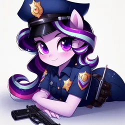 Size: 1024x1024 | Tagged: safe, ai content, derpibooru import, machine learning generated, prompter:glitchyart11, starlight glimmer, anthro, unicorn, g4, badge, clothes, female, gun, hat, horn, image, law enforcement, png, police officer, uniform, uniform hat, walkie talkie, weapon