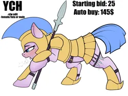 Size: 5000x3750 | Tagged: safe, artist:sketchy knight, derpibooru import, oc, earth pony, pony, advertisement, armor, belt, belt buckle, blushing, breath, chestplate, commission, exhausted, female, guard, heavy breathing, helmet, image, knife, png, quadrupedal, royal guard, soldier, solo, solo female, spear, standing, sweat, sweating profusely, tired, weapon, your character here