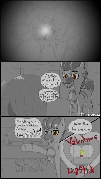 Size: 2160x3840 | Tagged: safe, artist:mranthony2, derpibooru import, oc, oc:lemon bounce, unofficial characters only, pegasus, zebra, comic:valentine's lipstick, camp, campfire, comic, dialogue, grayscale, image, lipstick, monochrome, png, shop