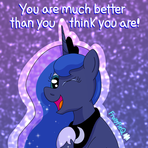 Size: 1000x1000 | Tagged: safe, artist:fruiitypieq, derpibooru import, princess luna, alicorn, pony, g4, female, image, looking at you, mare, one eye closed, png, positive ponies, solo, wink, winking at you