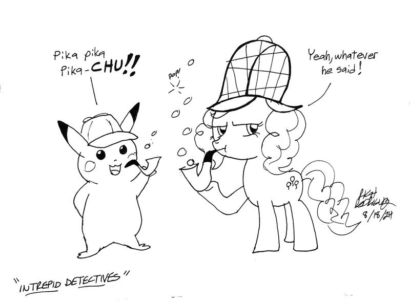 Size: 2837x2098 | Tagged: safe, artist:newportmuse, derpibooru import, pinkie pie, earth pony, pikachu, pony, g4, blowing bubbles, bubble pipe, deerstalker, detective, detective pikachu, dialogue, drawing, female, hat, image, jpeg, male, pipe, pokémon, sherlock holmes, sherlock pie, simple background, white background