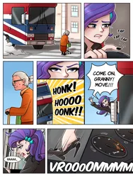 Size: 1800x2400 | Tagged: safe, artist:ilacavgbmjc, derpibooru import, rarity, human, equestria girls, g4, britain, british, bus, clothes, comic, comic page, crossover, driving, great britain, high heels, honk, humanized, image, jpeg, london, old lady, pedal, revving, road rage, seat, shoes, solo, spice girls, spice world, steering wheel, stiletto heels, united kingdom