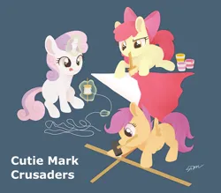 Size: 1600x1400 | Tagged: safe, artist:sion, derpibooru import, apple bloom, scootaloo, sweetie belle, earth pony, pegasus, pony, unicorn, g4, blank flank, blue background, cutie mark crusaders, dark blue background, female, filly, glow, glowing horn, hammer, horn, image, kite, levitation, magic, mouth hold, paint, paintbrush, png, signature, simple background, telekinesis, text