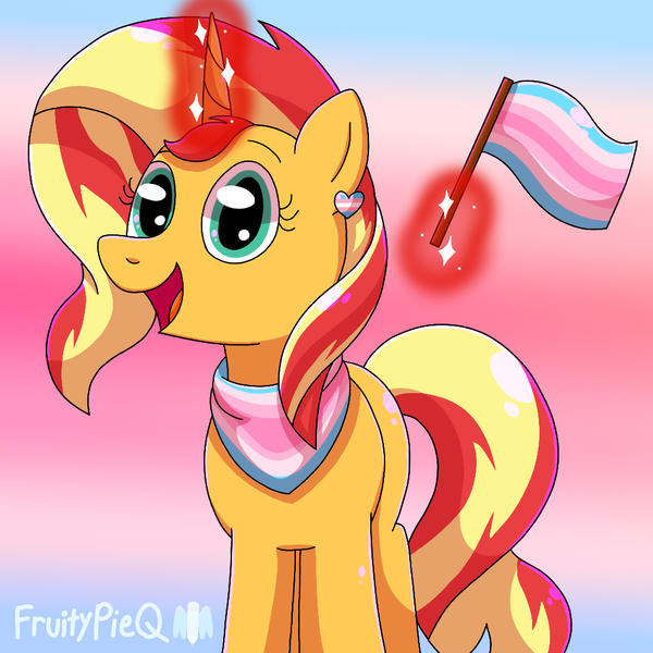 Size: 1000x1000 | Tagged: safe, artist:fruiitypieq, derpibooru import, sunset shimmer, pony, unicorn, g4, ear piercing, earring, female, horn, image, jewelry, magic, magic aura, mare, mouthpiece, open mouth, piercing, png, politics, pride, pride flag, solo, telekinesis, transfeminine, transfeminine pride flag