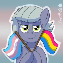 Size: 1000x1000 | Tagged: safe, artist:fruiitypieq, derpibooru import, limestone pie, earth pony, pony, g4, female, image, mare, mouthpiece, pansexual pride flag, png, politics, pride, pride flag, solo, transgender pride flag