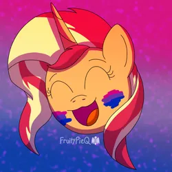 Size: 1000x1000 | Tagged: safe, artist:fruiitypieq, derpibooru import, sunset shimmer, pony, unicorn, g4, bisexual pride flag, cute, eyes closed, female, head only, horn, image, mare, mouthpiece, open mouth, png, politics, pride, pride flag, shimmerbetes