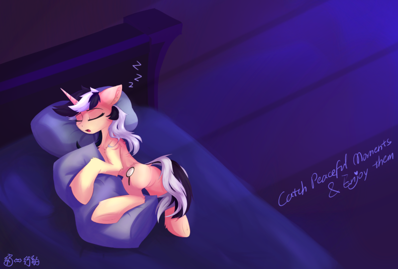 Size: 2400x1621 | Tagged: safe, artist:行豹cheetahspeed, derpibooru import, oc, oc:autumn trace, unofficial characters only, pony, unicorn, bed, black and white mane, cute, eyes closed, female, horn, hug, image, light, lying down, mare, moonlight, night, on bed, open mouth, orange eyes, peaceful, pillow, pillow hug, png, sexy, sleeping, solo, tail, two toned mane, two toned tail, yellow skin