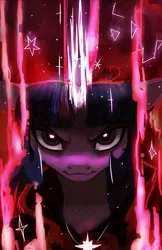 Size: 1500x2312 | Tagged: safe, artist:hierozaki, derpibooru import, twilight sparkle, pony, unicorn, g4, bust, dramatic lighting, female, furrowed brow, glow, glowing horn, horn, image, magic, mare, png, smiling, smirk, solo, unicorn twilight