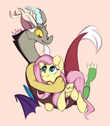 Size: 2500x2849 | Tagged: safe, artist:twi_sfw, derpibooru import, discord, fluttershy, original species, pegasus, pony, cute, discoshy, duo, duo male and female, female, hug, image, jpeg, male, shipping, smiling, straight