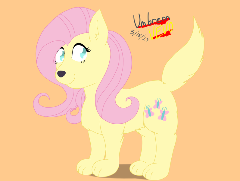 Size: 1024x771 | Tagged: safe, artist:umbreonvevo, derpibooru import, fluttershy, dog, g4, dogified, female, flutterdog, image, orange background, png, simple background, smiling, species swap, text