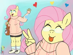 Size: 1024x772 | Tagged: safe, artist:umbreonvevo, derpibooru import, fluttershy, anthro, pegasus, plantigrade anthro, g4, bag, clothes, cute, eyes closed, glasses, gradient background, handbag, heart, image, peace sign, png, shyabetes, socks, solo, sweater, sweatershy, tongue out, waving