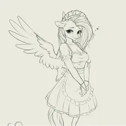 Size: 4000x4000 | Tagged: safe, artist:miokomata, derpibooru import, fluttershy, anthro, pegasus, pony, breasts, busty fluttershy, cleavage, clothes, female, floppy ears, fluttermaid, freckles, freckleshy, gray background, grayscale, image, jpeg, maid, mare, miokomata is trying to murder us, monochrome, simple background, smiling, solo, spread wings, wings