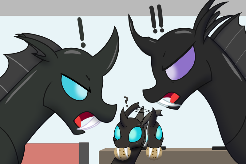 Size: 3000x2000 | Tagged: safe, artist:mightyshockwave, derpibooru import, oc, oc:aculeus, oc:mimesis, oc:saccu, unofficial characters only, changeling, argument, changeling oc, cookie, exclamation point, fangs, food, image, mouth hold, open mouth, png, question mark, turned head