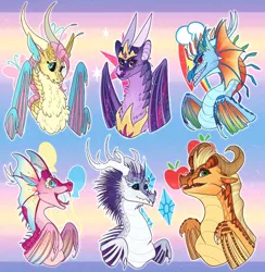 Size: 884x904 | Tagged: safe, artist:lightry, derpibooru import, applejack, fluttershy, pinkie pie, rainbow dash, rarity, twilight sparkle, dragon, pony, bust, chest fluff, crown, dragonified, dragonjack, flutterdragon, forked tongue, image, jewelry, jpeg, mane six, peytral, pinkiedragon, rainbow dragon, raridragon, regalia, solo, species swap, tongue out, twilidragon