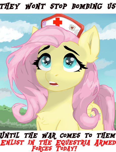 Size: 805x1053 | Tagged: safe, artist:minecake, derpibooru import, fluttershy, pegasus, pony, equestria at war mod, g4, eye reflection, hat, heart, image, looking up, nurse hat, peace symbol, plane, png, poster, propaganda poster, reflection, solo, war