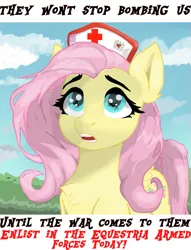 Size: 805x1053 | Tagged: safe, artist:minecake, derpibooru import, fluttershy, pegasus, pony, equestria at war mod, g4, eye reflection, hat, heart, image, looking up, nurse hat, peace symbol, plane, png, poster, propaganda poster, reflection, solo, war