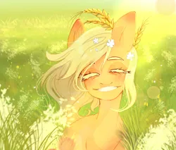 Size: 1280x1089 | Tagged: safe, artist:s1b3r, derpibooru import, earth pony, pony, big ears, blonde eyelashes, blushing, colored eyelashes, ear blush, eyes closed, female, flower, flower in hair, food, freckles, grass, grin, image, jpeg, lens flare, mare, not applejack, smiling, solo, wheat