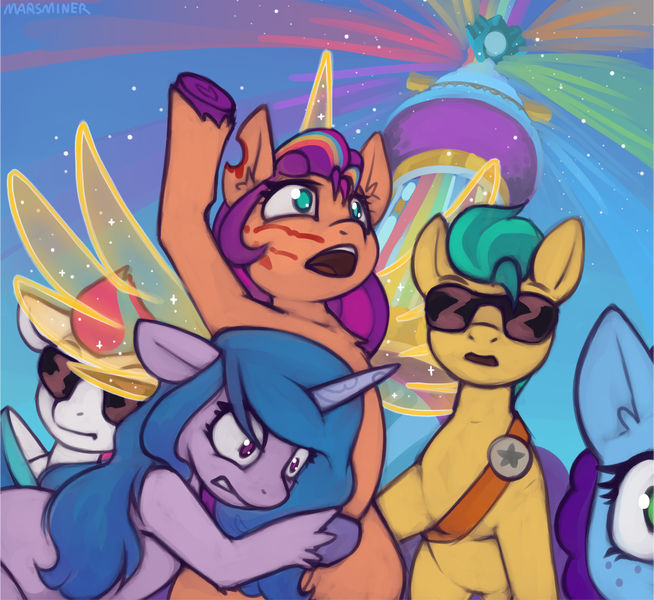 Size: 1615x1482 | Tagged: semi-grimdark, artist:marsminer, derpibooru import, hitch trailblazer, izzy moonbow, pipp petals, sunny starscout, zipp storm, alicorn, pegasus, semi-anthro, unicorn, g5, my little pony: a new generation, applejack (g5), artificial horn, artificial wings, augmented, belly, bipedal, blood, collarbone, crystal brighthouse, donald trump, floppy ears, fluttershy (g5), hoof heart, horn, horn markings, human shoulders, image, injured, magic, magic horn, magic wings, mane five, mane six (g5), maretime bay, meme, misty brightdawn, open mouth, outdoors, pinkie pie (g5), png, politics, race swap, rainbow dash (g5), rarity (g5), redraw, sash, sheriff's badge, sunnycorn, torn ear, trump assassination attempt, twilight sparkle (g5), underhoof, unshorn fetlocks, upside-down hoof heart, wings