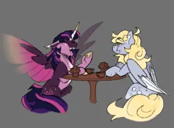 Size: 1874x1385 | Tagged: safe, artist:cerulean-crow, derpibooru import, derpy hooves, twilight sparkle, twilight sparkle (alicorn), alicorn, pegasus, pony, g4, alternate design, coat markings, colored wings, cup, duo, duo female, eating, eyes closed, female, floppy ears, food, gray background, image, jpeg, lesbian, mare, muffin, open mouth, open smile, ship:twerpy, shipping, simple background, smiling, spread wings, teacup, twitterina design, wings, wip