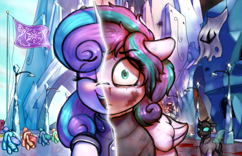 Size: 5950x3850 | Tagged: semi-grimdark, artist:crazy water, derpibooru import, princess flurry heart, thorax, alicorn, changeling, crystal pony, pony, derpibooru, equestria at war mod, twibooru, adult flurry heart, aftermath, blood, bowing, bullet casing, bullet hole, clothes, crying, crystal empire, crystal palace, debris, derpibooru exclusive, expectation vs reality, fanfic art, female, flag, gun, high res, image, implied death, juxtaposition, lamppost, meta, mp40, older, panzer, png, random pony, resistance, traumatized, uniform, war, weapon